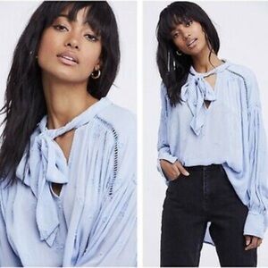 Free People Wishful Moments Tie Neck M Blue Sleeve Boho Embroidered Oversized M